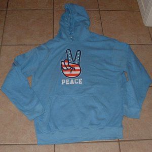 LIKE NEW Mens Sz XL Casual Wear Blue Hoodie Hooded Graphic Peace Sign Sweatshirt